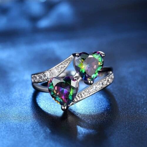 Womens Rings Tricolor Fashion Zircon Rings Couple Double Heart Engagement Ring Charm Women Jewelry Girlfriend Birthday Gift