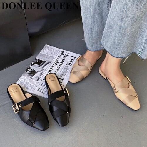 2021 New Brand Slippers Women Fashion Square Toe Slip On Mule Shoes Flat Casual Female Slide Outdoor Flip Flops Zapatillas Mujer