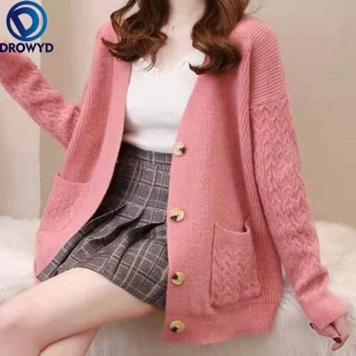 Fashion V-neck Sweater Coat Womens 2021 New Sweater Autumn and Winter Loose Solid Color Single-breasted Outer Jacket Tide Top