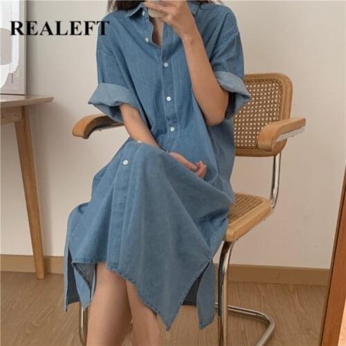 REALEFT Summer 2021 New Oversize Stylish Womens Shirt Dresses Single Breasted Korean Loose Straight A-Line Long Dress Ladies