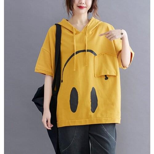 100% Cotton Hooodies T Shirts 2021 New Arrival Korea Style Street Fashion Hooded Loose Summer T Shirts Girls Print T Shirt Tees