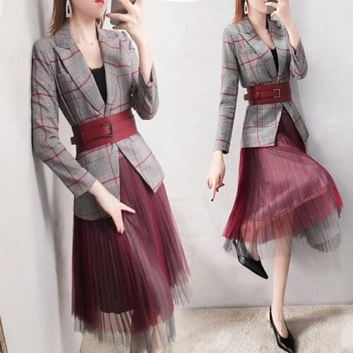 2019 New Spring Office lady OL style Skirt Suits Womens Bandage Blazer jacket + Mesh Pleated Skirt Suit Elegant Two Piece Set