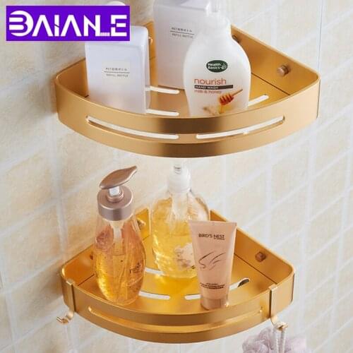 BAIANLE Bathroom Wall Corner Frame Triangle Basket Rack Toilet Golden Tray Storage Rack Bathroom Accessories