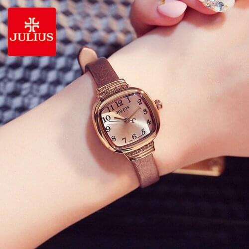 Julius Brand Lady Vintage Leather Watch Woman Retro Square Digital Small Dial Quartz Dress Wrist Watches Luxury Relogio Feminino