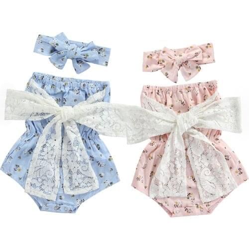 Baby Girls Sweet Summer Rompers Strap Sleeveless Flowers Printed Lace Bowknot Jumpsuits Headband 0-24M