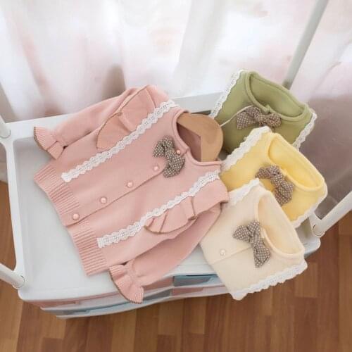 Autumn Winter Kids Children Knitwear Sweaters Coat Outwear Knitted Ruffle Lace Bow Long Sleeve Princess Cardigan Sweater ADK139