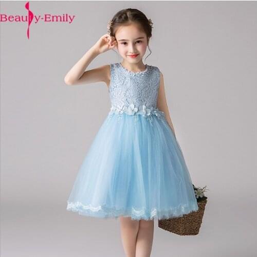 Beauty Emily Kids Beading O-Neck Tank Flower Girl Dress for Wedding 2020 Knee-Length Tulle Appliques Communion Dress with Sashes