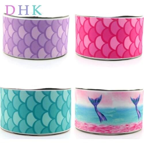 DHK 3'' 5yards fish scale mermaid printed grosgrain Ribbon Accessory hairbow headwear decoration Wholesale OEM 75mm E1566
