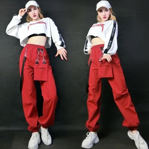 Jazz Dance Hip-Hop Female Student Collective Performance Clothes Sports Leisure Cropped Sweater Red Pants Rave Clothes SL4380