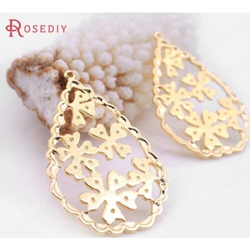 F471)6 pieces 37*26mm 24K Gold Color Brass Flower Drop Shape Charms Pendants High Quality Diy Jewelry Findings Accessories
