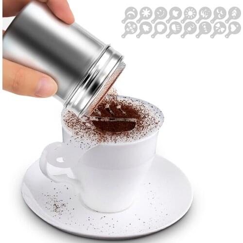 Stainless steel Cocoa Shaker With Cappuccino Fancy Coffee Printing Model Foam Spray Cake Stencils Powdered Sugar Chocolate​ Can