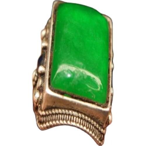 Tibet and Nepal folk old Tibetan silver inlaid with greenstone jade Ring