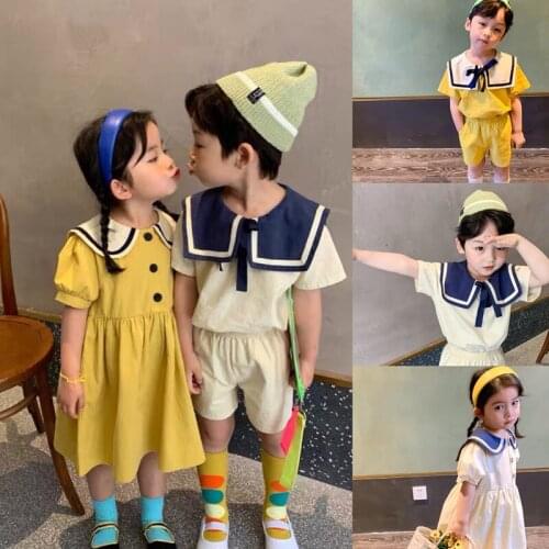 Kids Boys Girls Clothing Suit Korean Style Child Girl Dress Toddler Boys Summer Clothes Set Kids Brother Sister Matching Outfits