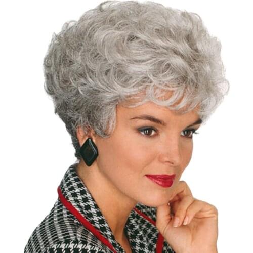 Short Curly Synthetic Wigs for Women Wigs with Bangs Nature Silver gray Daily Use Heat Resistant Hair