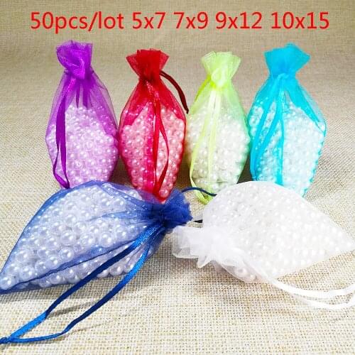 Hot New 50pcs 5x7 7x9 9x12 10x15cm Organza Bags Candy Gift Jewelry Packaging Bags, Wedding Party Gift Packaging Bag & Pouches