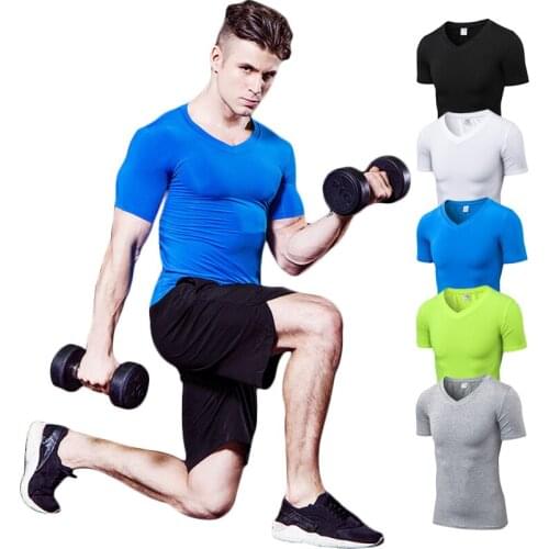 Mens Tops Tees Bodybulding quick dry v neck Sport short sleeve t shirt men trends fitness tshirt free shipping