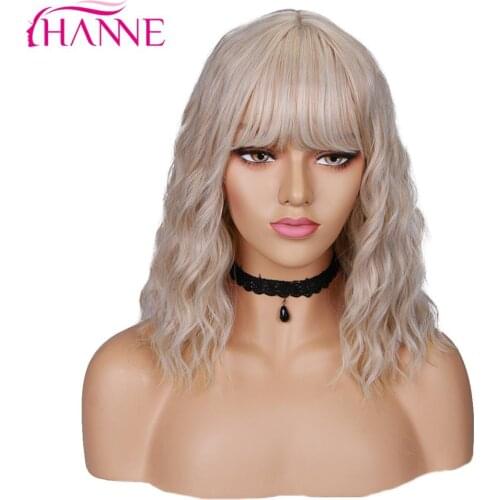 HANNE Middle Natural Wave Synthetic Hair Wig With Free Bangs Blonde/Pink/B Heat Resistant Fiber Wigs For Black/White Women
