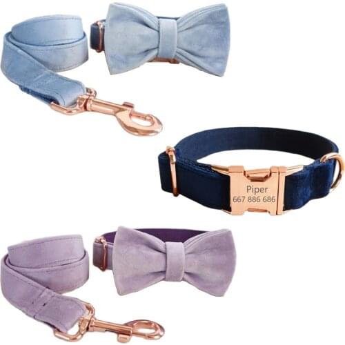 Personalized Dog Collar and Leash Velvet Medium Dogs Collars Customized Engraved ID Tag for Small Large Dogs Lead Leash Bow tie