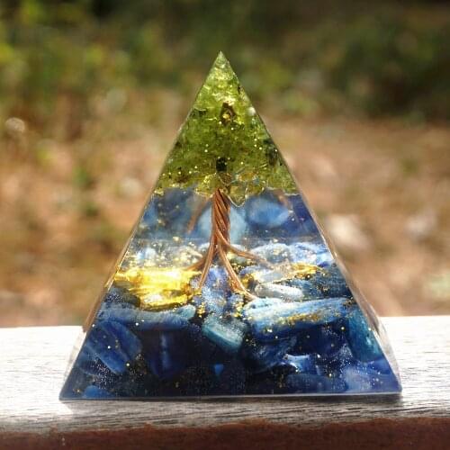 Handmade Orgonite Pyramid 60mm Tree of Life Peridot And Kyanite HEALING Crystal Reiki Orgone Pyramid Chakra EMF Protection
