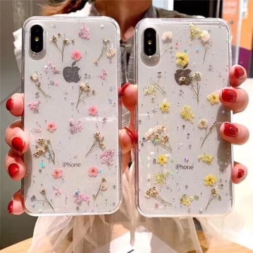 Real Dry Flower Glitter Clear Case For iphone 8 7 plus 6 Epoxy Star Transparent Case For iphone X XR 12 11 Pro XS MAX Soft cover