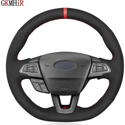 Hand-Stitched Black Suede Car Steering Wheel Cover For Ford Focus (RS | ST | ST-Line) Kuga (ST-Line) Ecosport (ST-Line)
