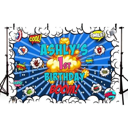 Boys Superhero Blue Photography Backdrop 1st Birthday Party Backgrounds for Photo Studio Custom Vinyl Background Photography