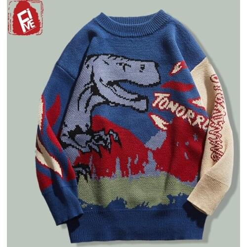 Hip Hop Dinosaur Snow Mountain Print Sweater Mens Harajuku Streetwear Casual Patchwork Knitting Sweaters Winter Loose Pullovers