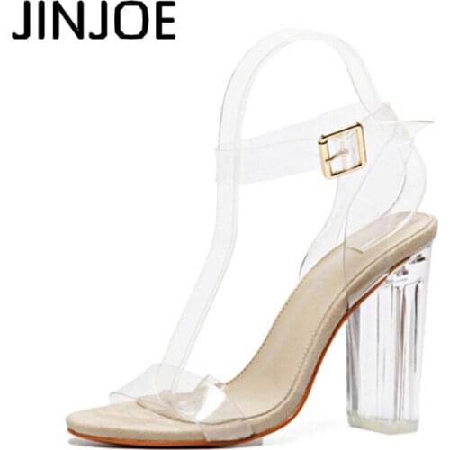 New pattern High-heeled shoes pump With a toe show crystal shoes Transparent thick heel Sandals Women shoes Big code 43