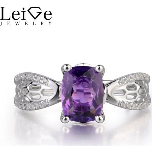 Leige Jewelry Natural Amethyst Gemstone Cushion Cut Prong Setting Engagement Hollow Rings For Woman February Birthstone