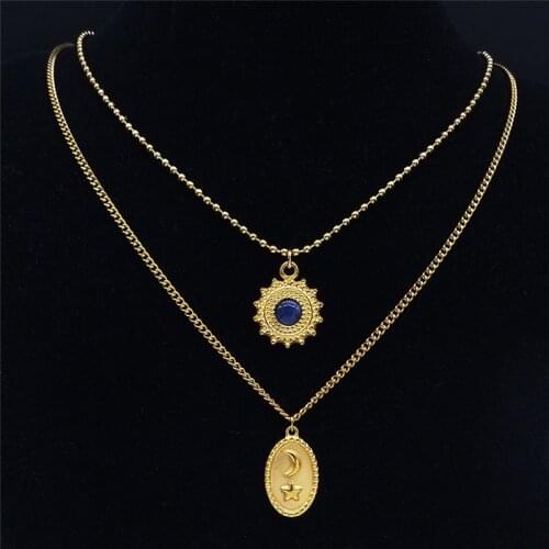 Bohemia Stainless Steel Opal Sun Moon Star Necklace Gold Color Double Layer Chain Necklaces Astrology Jewelry chaine NY44S04