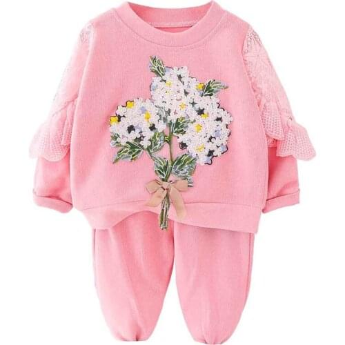 Spring Autumn Baby Girls Set Kids Clothes 2021 New Princess style Lace Flower Pullover+Pant Suits for Children GirlsTracksuit