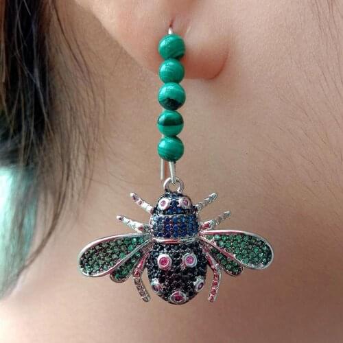 YYGEM Natural 4mm Green Malachite round Cubic Zirconia Micro pave Insect Charm Hook Earrings dangle earrings vintage for women