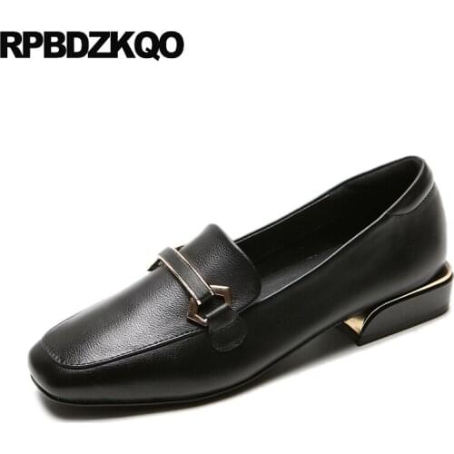 Black genuine leather china slip on ladies metal casual fashion designer shoes women luxury 2019 low heel chinese square toe