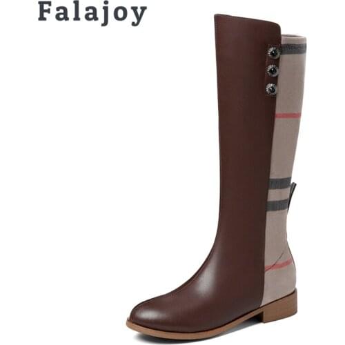 Falajoy Womens Riding Boots Genuine Leather Plaid Patchwork Zip Luxury Brand Tall Knee High Plush Boots Ladies Quality Shoes