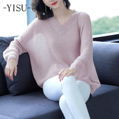YISU Women Mohair Sweaters Fashion Autumn Winter Warm V-Neck Pullover Long Sleeve Casual Sweater Candy Colors Knitted Sweater