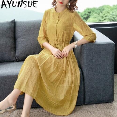 AYUNSUE Spring Summer Yellow Dress Women Cotton Linen Casual Midi Dress Elegant Korean Vestidos De Festa 2020 5582A45 KJ4349