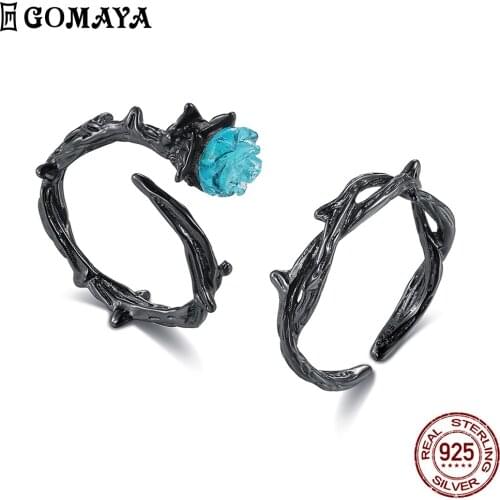 GOMAYA 925 Sterling Silver Rings For Women Romantic Blue Rose Flower Black Thorns Vintage Plant Valentines Gift Fine Jewelry