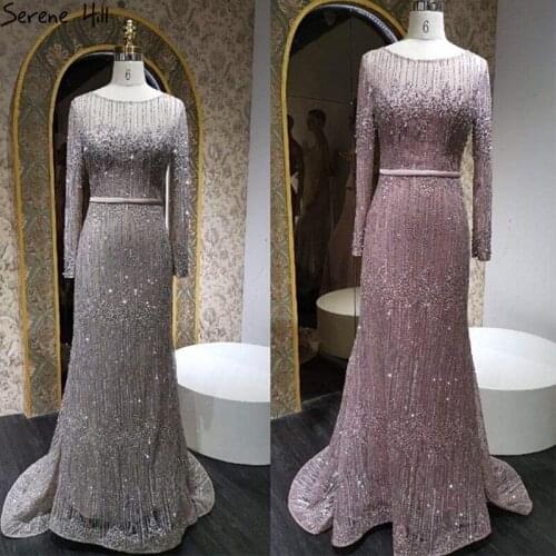 Serene Hill Mauve Muslim Beading Crystal Mermaid Luxury O-Neck Evening Dresses Gown For Woman Long Sleeves Formal Dress LA70665