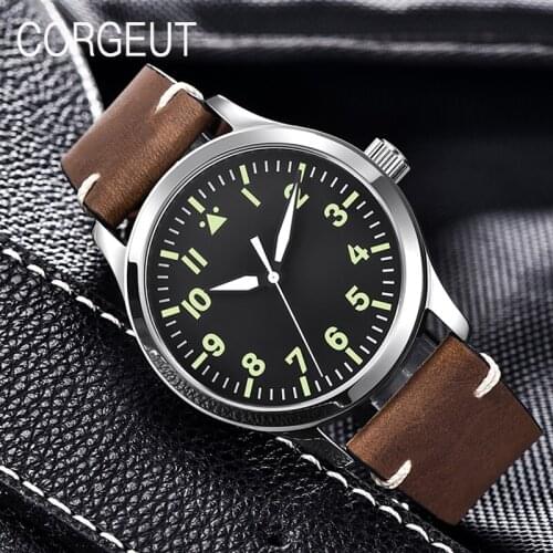 CORGEUT Brand Seagull Movement Mens 42mm Leather Automatic Mechanical Sapphire Watch Men Black White Steel Clock Reloj de hombre
