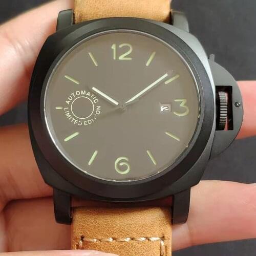 Men Automatic Watch China Top Seagull Movement Black Stainless Case Leather Strap Super Luminous Calendar Waterproof Man Clock