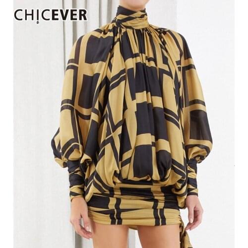 CHICEVER Bowknot Plaid Dress For Women Turtleneck Lantern Long Sleeve High Waist Lace Up Mini Dresses Female 2020 Autumn Fashion