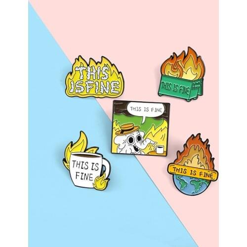 5 Styles Cartoon Dog Meme Enamel Pins Earth Coffee Cup Brooch Burning Dustbin Badges Animated Jewelry Gift For Friends Wholesale