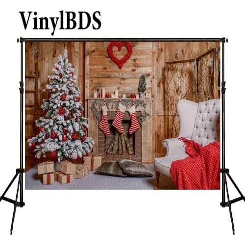 VinylBDS Christmas Photography Backdrop Christmas Tree Decorations Background Photos Of Fireplaces Wooden Wall Background