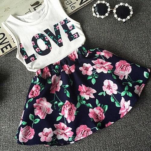 Summer Cotton Vest Skirt Suit Girls Sleeveless Love Letters Printed Vest Tops + Floral Skirt Two Piece Set Childrens Gifts