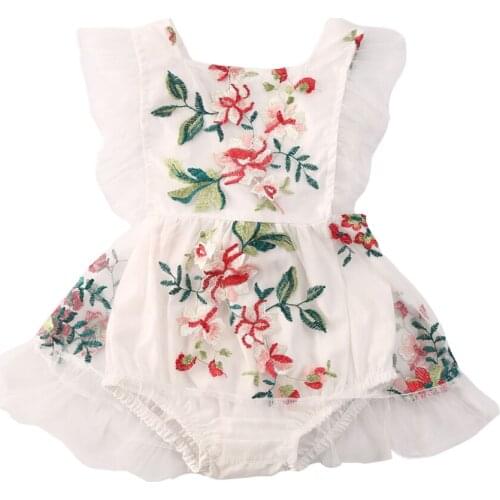 Fashion Baby Baby Girls Square Neck Romper with Lace, Floral Embroidery Sleeveless Backless Jumpsuit with Back Tie for Summer