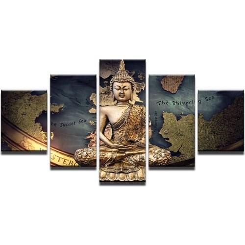 Modular Painting Wall Art Pictures Canvas Poster Frame 5 Panel Buddha Statue Buddhism Art Landscape Home Decor HD Printed