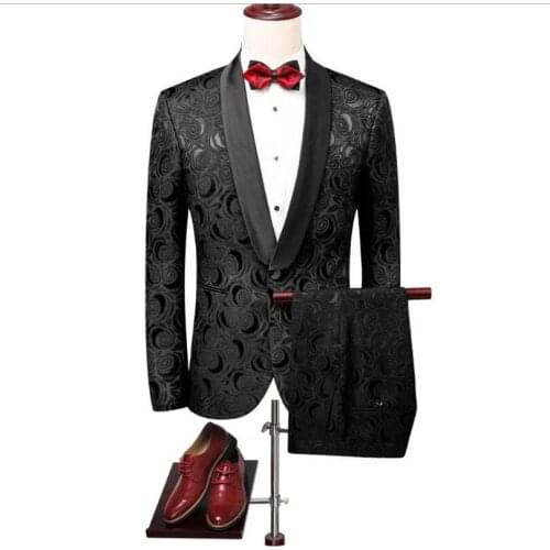 New mens flower suit suit Korean version of the trend of personality black suit two-piece business casual pattern set