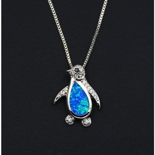 Little Penguin Design Blue Fire Opal Animals Pendant Necklace for Gift