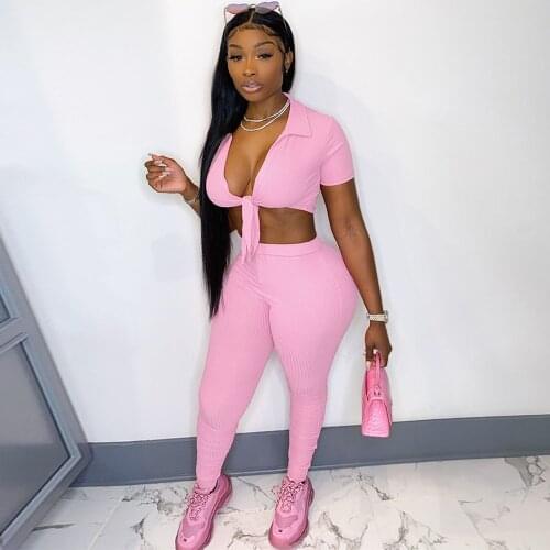 Sexy Slim Solid Color Pit Strip Two 2 Piece Set Women Low Neck Bow Tie Short Sleeve Crop Top and Elastic Waist Skinny Long Pants