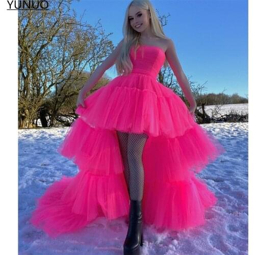 YUNUO vestidos Hot Pink High Low Prom Dress Strapless Tiered Tulle Party Gowns Chic Long Formal Evening Dress вечерние платья